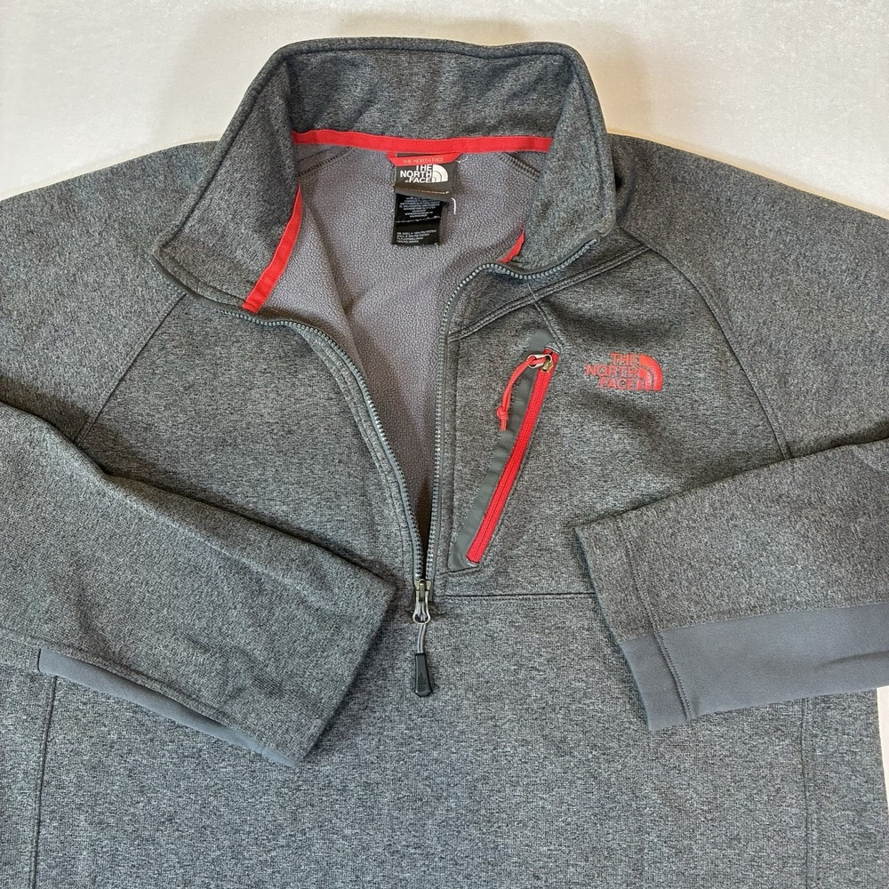 The North Face Quarter Zip Pullover Mens Medium Grey Red Fleece Pocket Jacket
